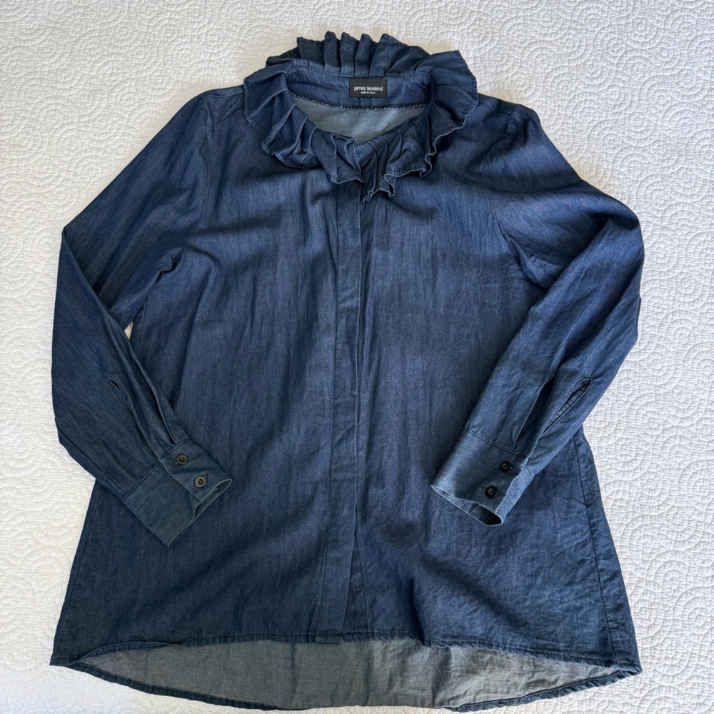 Elegant Ruffled Blue Button Down Shirt - Picture 7 of 10